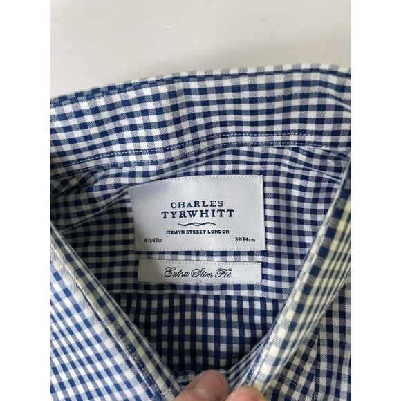 charles tyrwhitt Plaid Button Down Shirt Blue Extra Slim Fit French Cuff 15.5/33 - Picture 2 of 7